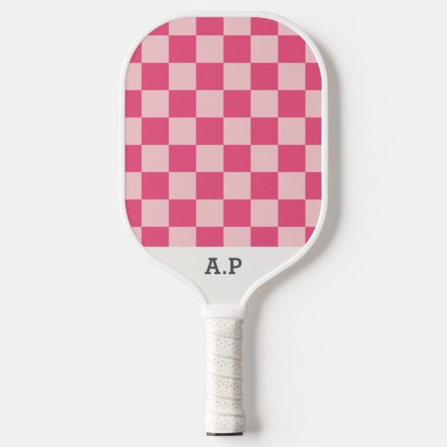 Modern Monogram Initial Pink Checkerboard Pickleball Paddle (Front)