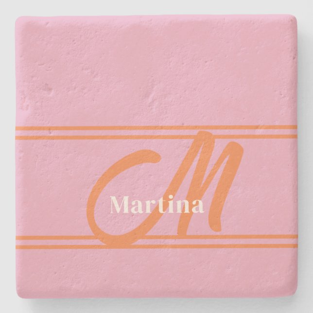 Modern Monogram Initial Pink Orange Stone Coaster (Front)