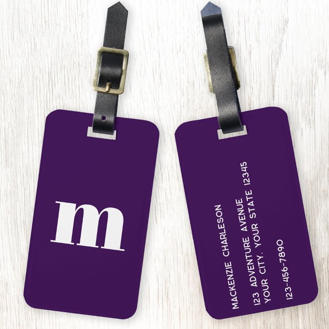Modern Monogram Initial Plum Purple Luggage Tag (Modern monogram initial personalized dark plum purple luggage tag)