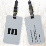 Modern Monogram Initial Powder Blue Luggage Tag<br><div class="desc">Modern lower case typography minimalist monogram initial design which can be changed to personalise,  along with the details on the reverse. Black on a dusty powder blue background.</div>