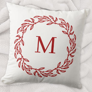 Modern Monogram Initial Red Leaf and Berry Wreath Cushion