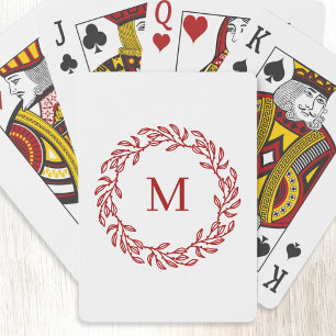 Modern Monogram Initial Red Leaf and Berry Wreath Playing Cards
