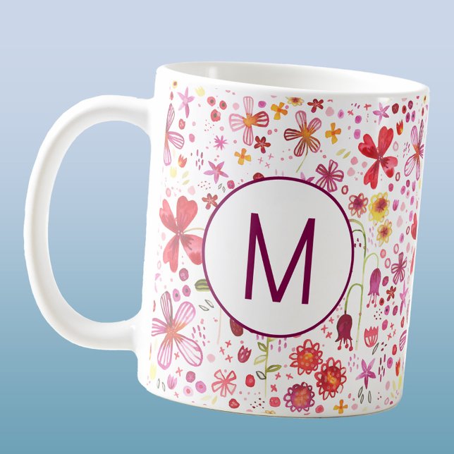 Modern Monogram Initial Wildflower Watercolor Coffee Mug (Personalized monogram initial watercolor wildflower botanical floral coffee mug)