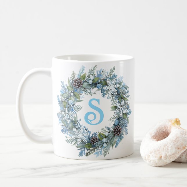 Modern Monogram Initial Winter Wreath  Coffee Mug (With Donut)