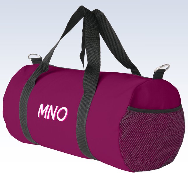 Modern Monogram Initials Dark Pink Burgundy Duffle Bag (Modern drop shadow monogram initials duffel bag in dark cherry pink)
