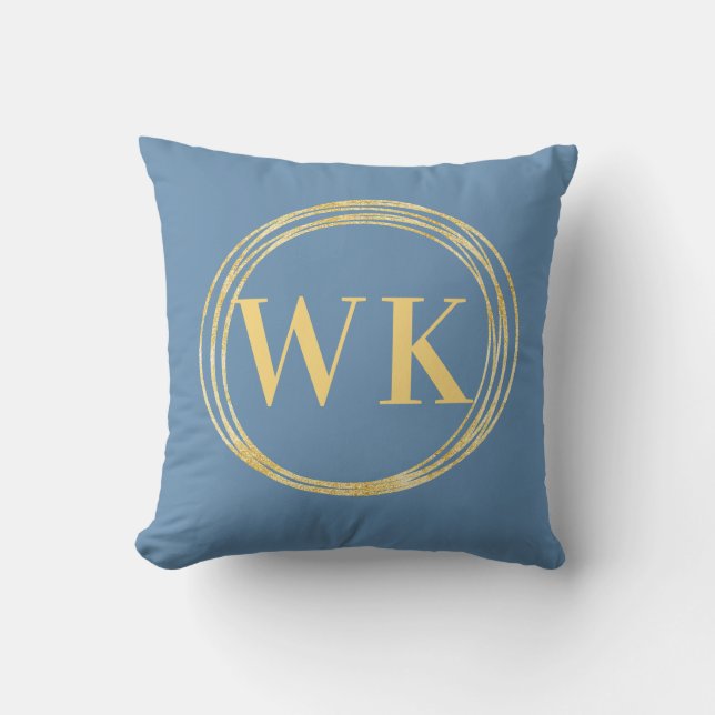 Modern Monogram Initials Dusty Blue Gold Circles Cushion (Front)