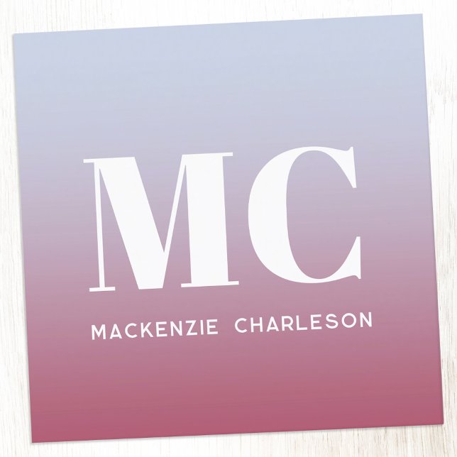 Modern Monogram Initials Name Pink Blue Gradient Square Business Card (Minimalist monogram initials deep magenta pink to pale blue gradient professional business card)