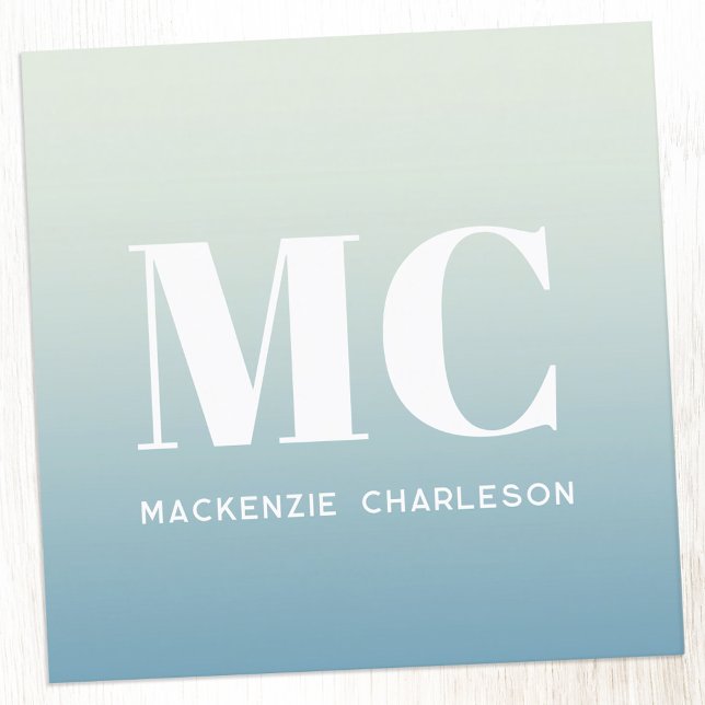 Modern Monogram Initials Name Teal Green Gradient Square Business Card (Modern minimalist initial professional teal aqua gradient square business card)