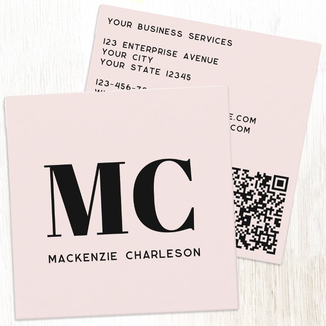 Modern Monogram Initials QR Code Blush Pink Square Business Card (Simple minimalist monogram initials QR code blush pink professional business card)