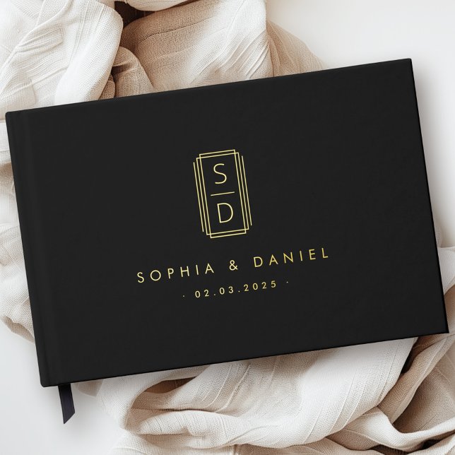 Modern monogram initials wedding black real foil guest book (Modern monogram initials wedding black real foil guest book)