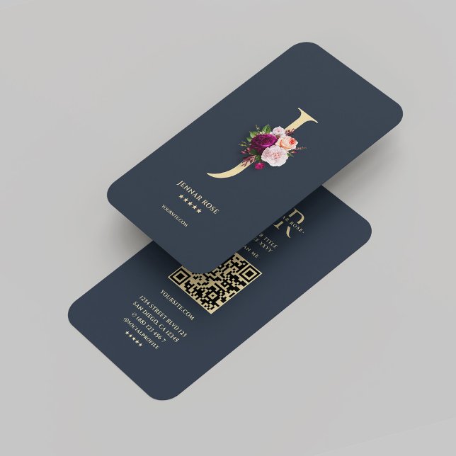 Modern Monogram J Floral Dark Blue Gold Business Card (Modern Monogram J Floral Dark Blue Gold Business Card
)