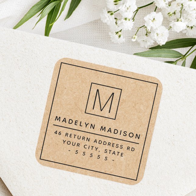 Modern monogram Kraft paper look return address Square Sticker (Modern monogram Kraft paper look return address Square Sticker)
