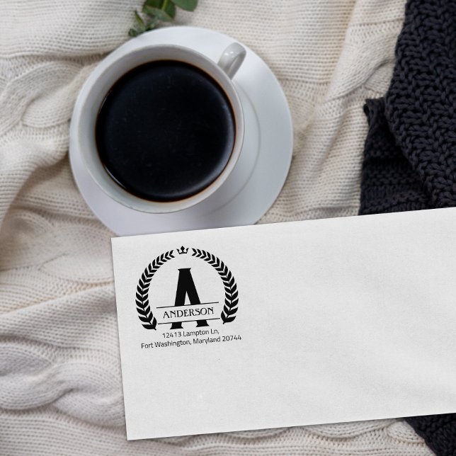 Modern Monogram Laurel, Custom Return Address Rubber Stamp (Creator Uploaded)