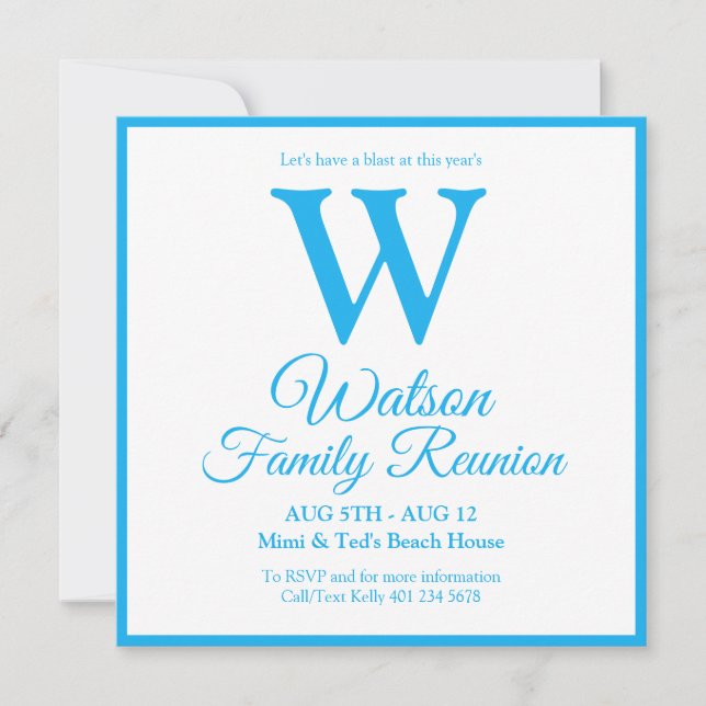 Modern Monogram Light Blue Stripes Family Reunion Invitation (Front)