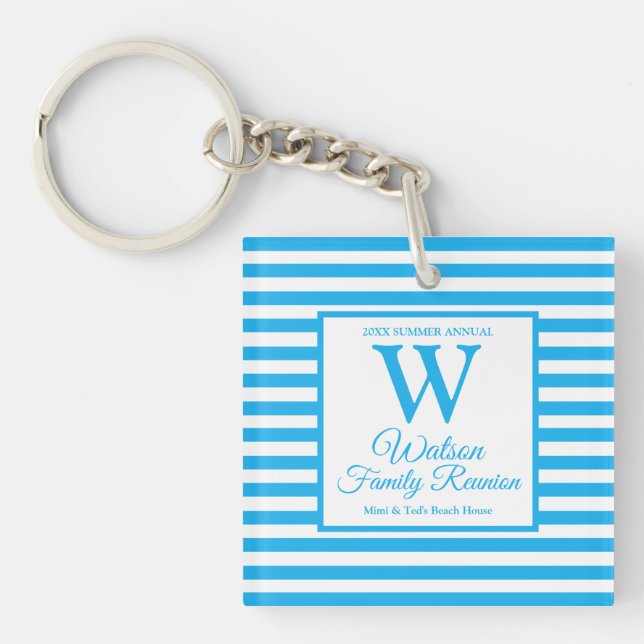 Modern Monogram Light Blue Stripes Family Reunion Key Ring (Front)