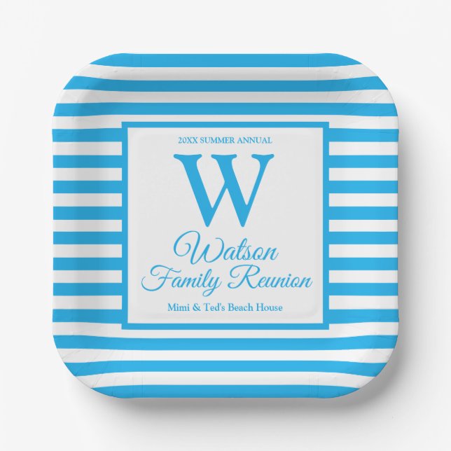 Modern Monogram Light Blue Stripes Family Reunion Paper Plate (Front)