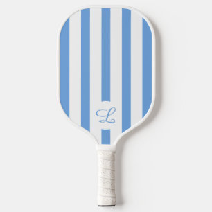 Modern Monogram Light Blue Stripes Girly Pickleball Paddle