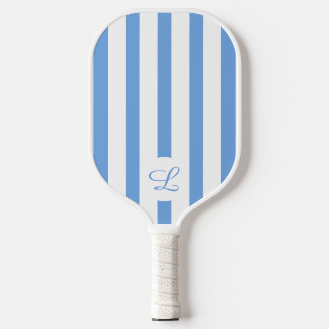 Modern Monogram Light Blue Stripes Girly Pickleball Paddle (Front)