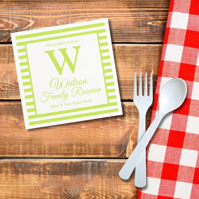 Modern Monogram Light Green Stripes Family Reunion Napkin (Creator Uploaded)