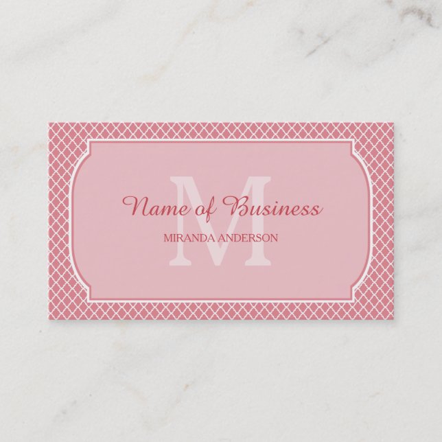 Modern Monogram Light Pink Quatrefoil With Name Business Card (Front)