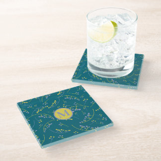 Modern monogram lilac yellow berry pattern glass coaster