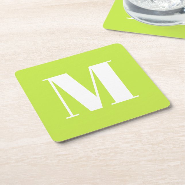 Modern monogram lime green custom initial letter square paper coaster (Angled)