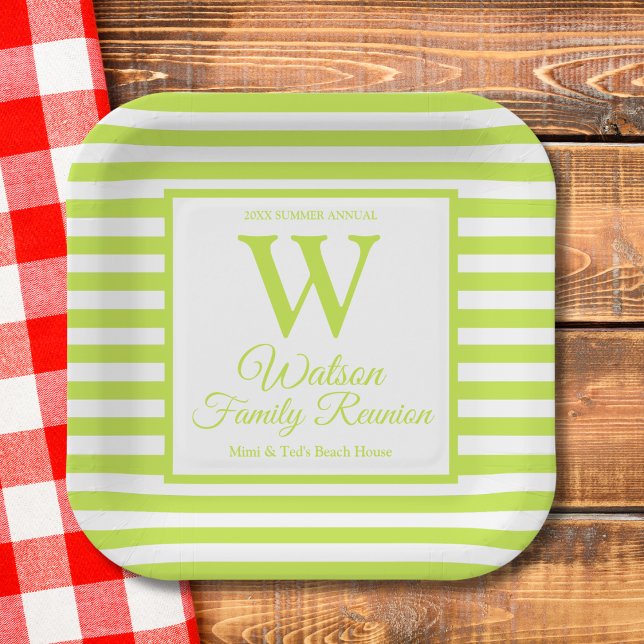 Modern Monogram Lime Green Stripes Family Reunion Paper Plate (Creator Uploaded)