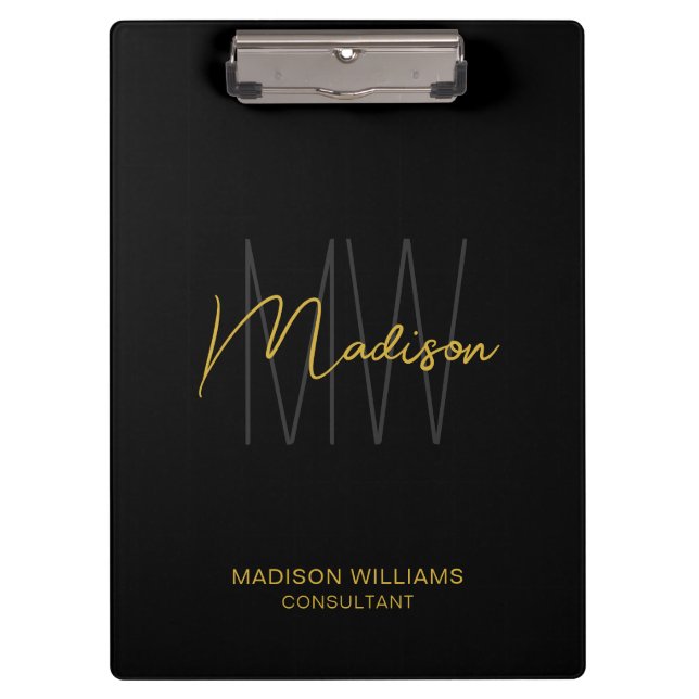 Modern Monogram Logo Black Gold Consultant Clipboard (Front)