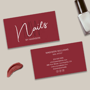Modern Monogram Logo Deep Red Nail Artist Business Card