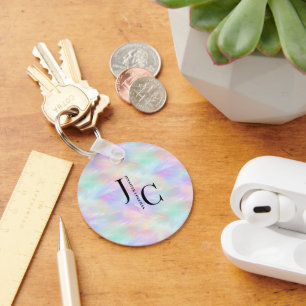 Modern Monogram Logo Iridescent Opal Stylish Key Ring