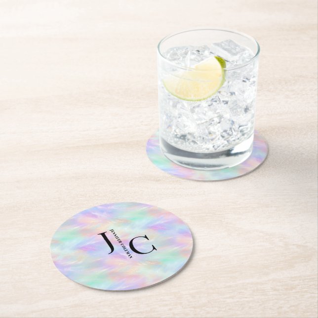 Modern Monogram Logo Iridescent Opal Stylish Round Paper Coaster (Insitu)