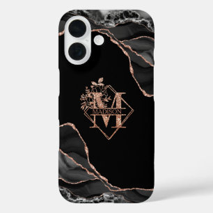 Modern Monogram M Black Agate Marble Rose Gold  iPhone 16 Case