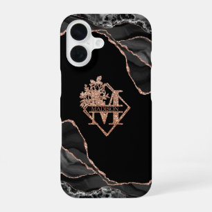 Modern Monogram M Black Agate Marble Rose Gold iPhone 16 Case