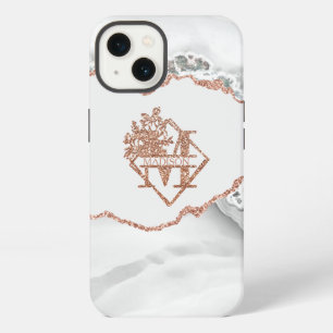 Modern Monogram M White Agate Marble Rose Gold iPhone 13 Case