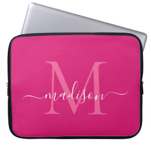 Modern Monogram Magenta Pink Girly Script Name Laptop Sleeve
