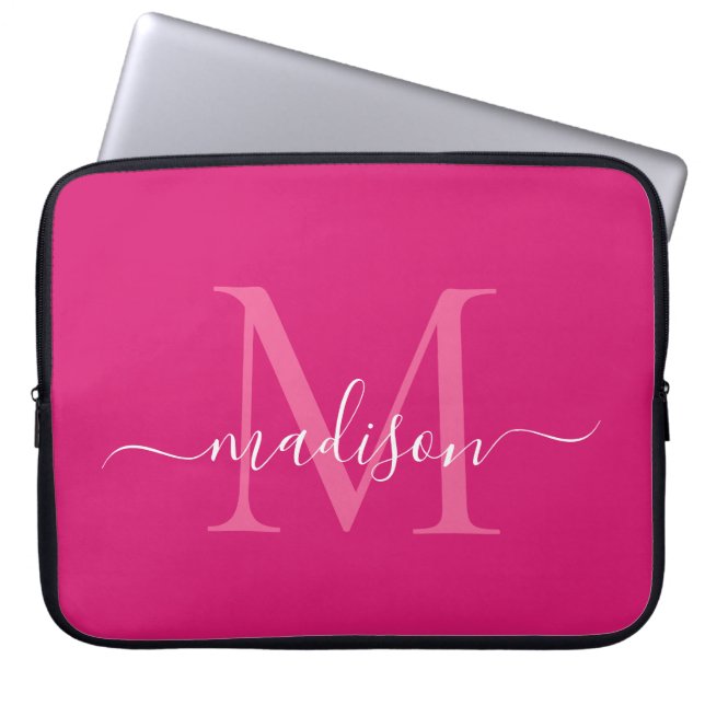 Modern Monogram Magenta Pink Girly Script Name Laptop Sleeve (Front)