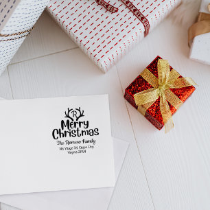 Modern Monogram Merry Christmas Family  Rubber Stamp