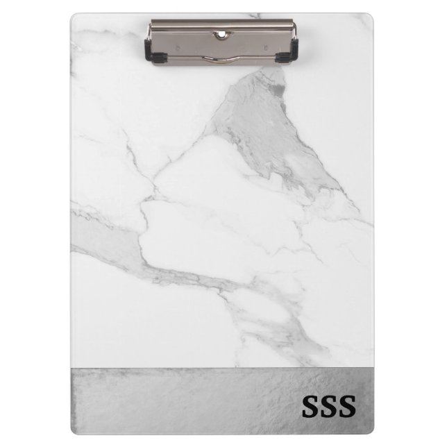 Modern Monogram Metal White Marble Clipboard (Front)