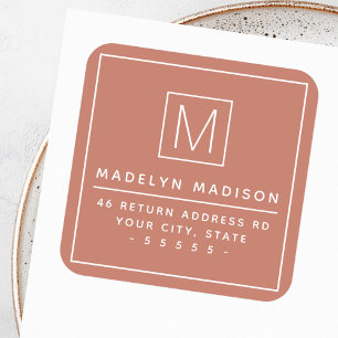 Modern monogram minimal terracotta return address square sticker