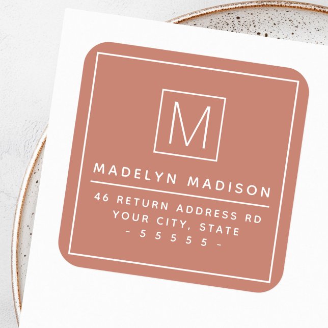 Modern monogram minimal terracotta return address square sticker (Modern monogram minimal terracotta return address square sticker)