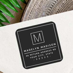 Modern monogram minimalist black return address square sticker