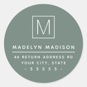Modern monogram muted pine green return address classic round sticker