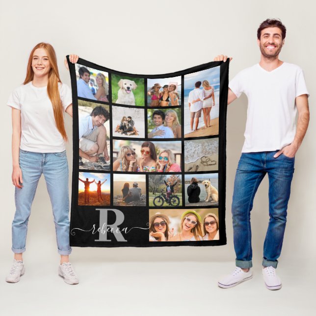Modern Monogram Name 14 Photo Collage Custom Colou Fleece Blanket (In Situ)