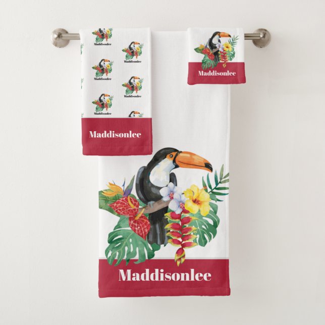 Modern Monogram Name Black Colourful Toucan Red Bath Towel Set (Insitu)