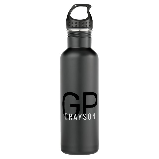 Modern Monogram Name Black & Grey Personalised 710 Ml Water Bottle (Front)