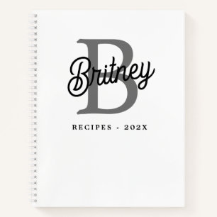 Modern Monogram Name  Black Grey Script Recipe Notebook