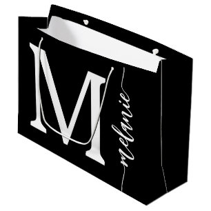 Modern Monogram Name Black White Script Large Gift Bag