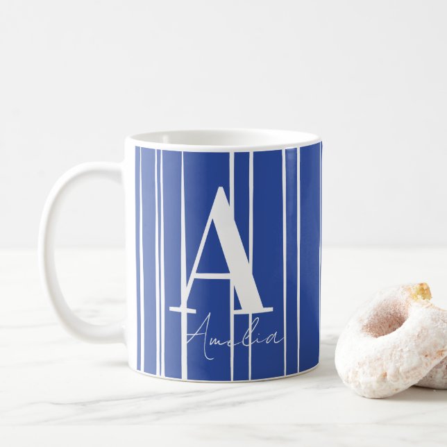 Modern Monogram Name Blue Coffee Mug (With Donut)