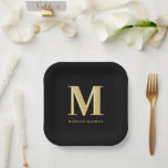 Modern monogram name bold typography gold black paper plate<br><div class="desc">Modern monogram name bold typography gold black</div>