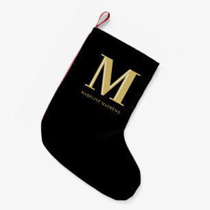 Modern monogram name bold typography gold black small christmas stocking